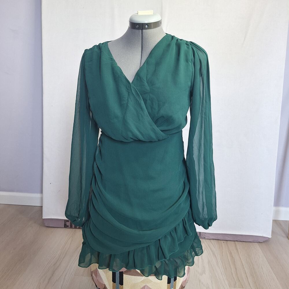 Double Crazy Emerald Green Chiffon Ruched Wrap Mini Dress Sz S Sheer Sleeves